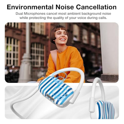 Purity Air Open Ear Headphones - True Air Conduction Wireless Bluetooth Open Ear Earbuds with Dual Mic for iPhone/Android - Secured Long Wearing Comfort, Sports Sweat Resistant (Blue Stripes) - color: Blue Stripes