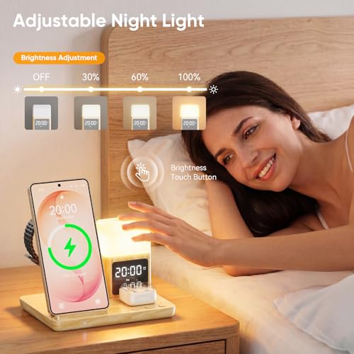6 in 1 Wireless Charging Station for Samsung Android with Clock & Night Light,Wireless Charger Beside Clock for Galaxy S26 Ultra S25 S24,Galaxy Watch 8/7 Buds 4/3 Pro,Not for Watch 9/Ultra 2 - color: Wood