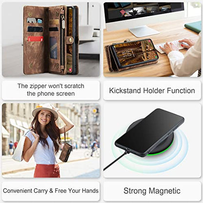 Samsung Galaxy S23 Wallet Case,Zipper Folio Leather Case Wallet with Card Holder Strap Wristlet Detachable Magnetic Protective Back Case for Samsung Galaxy S23 5G 6.1 Inch(Brown) - color: Brown, size: S23 5G 6.1 Inch