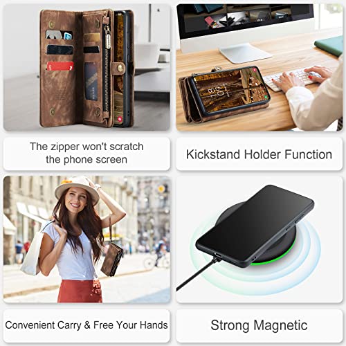 Samsung Galaxy S23+ Plus Wallet Case,Zipper Folio Leather Case Wallet with Card Holder Strap Wristlet Detachable Magnetic Protective Back Case for Samsung Galaxy S23+ Plus 5G 6.6 Inch(Brown) - color: Brown, size: S23+ Plus 5G 6.6 Inch