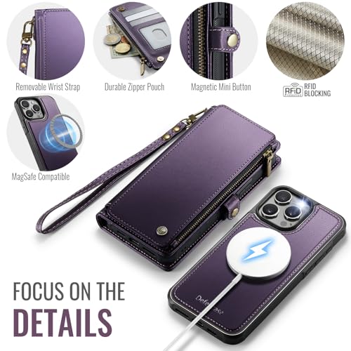 Defencase for iPhone 15 Pro Case Wallet Compatible with Magsafe, Purple | Drop-Proof Magnetic Detachable Phone Cases Cover, with RFID Bolcking Card Holder, Zipper Strap, PU Leather, Removable Wallet - color: (Detachable with Magsafe)-Purple