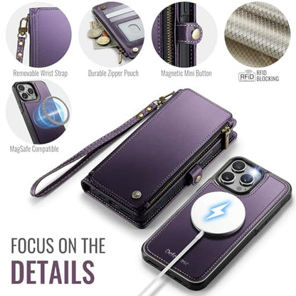 Defencase for iPhone 14 Pro Max Case Wallet Compatible with Magsafe, Purple | Drop-Proof Magnetic Detachable Phone Cases Cover, with RFID Bolcking Card Holder, Zipper Strap, PU Leather, Removable Wallet - color: (Detachable with Magsafe)-Purple