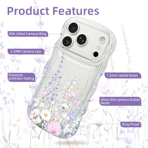 AULEEP for iPhone 17 Pro Case, Clear Cute Phone Case Floral with Curly Wave Frame Shape Design, Slim Soft Shockproof TPU Protective Phone Cover for Women, Wavy Case Girly for iPhone 17 Pro 6.3" - size: iPhone 17 Pro