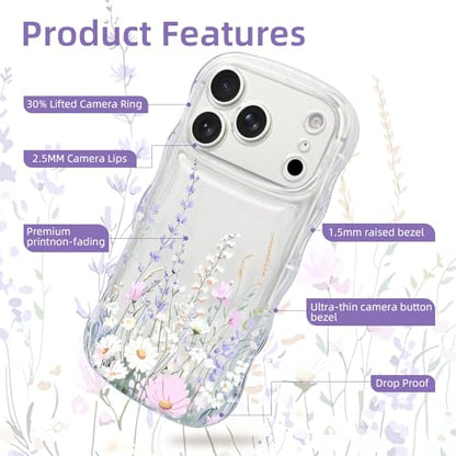 AULEEP for iPhone 17 Pro Max Case, Cute Clear Phone Case Floral with Curly Wave Frame Design, Slim Soft Shockproof TPU Protective Phone Cover for Women, Trendy Girly Case for iPhone 17 Pro Max 6.9" - size: iPhone 17 Pro Max
