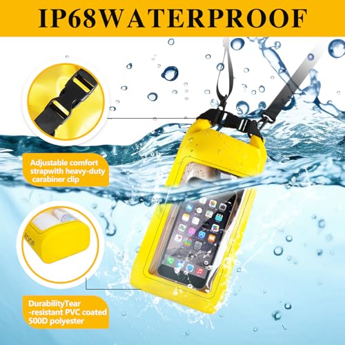 IP68 Waterproof Dry Bag, 2L - Roll Top Waterproof Pool Bag，dry bags for kayaking waterproof-w/Phone Pouch,Large Waterproof Phone Pouch,Boating & Kayak Accessories camping (yellow) - color: yellow