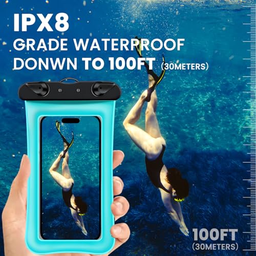 2 Pack Waterproof Floating Phone Pouch IPX8 Floatable Waterproof Phone Case with Lanyard Strap Universal Dry Bags Underwater Case Wallet for iPhone 17/Air16 15 14 13 12 Samsung,Up to 7.2" for Swimming - color: Blue+Black
