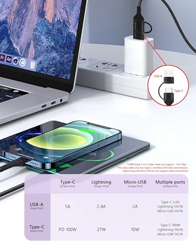 Awnuwuy 100W Multi 3 in 2 Cable 10FT, USB A/C to USB-C Lightning Micro Port - size: 10FT