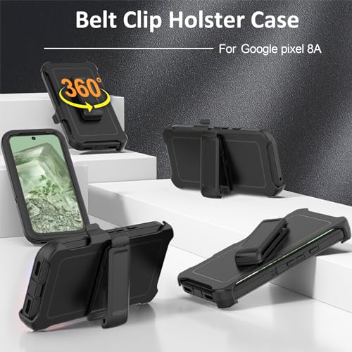 Compatible with Google Pixel 8A Case, with Belt Clip Holster Heavy Duty Rugged Shockproof Full Body Protection Kickstand Phone case for Google Pixel 8A 5G (Black) - color: Black