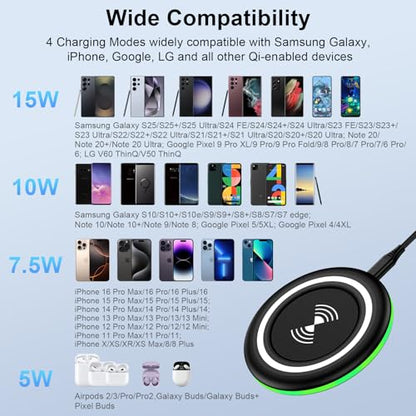 Wireless Charging Pad for Samsung Galaxy S25 Ultra S25 Edge S25 FE S24 Ultra S23 Z Fold/Flip 7,15W Fast Charging Station Charger Mat for iPhone 17 16e 16 Pro Max 16 Plus 15,Google Pixel 10 9 Pro XL 8