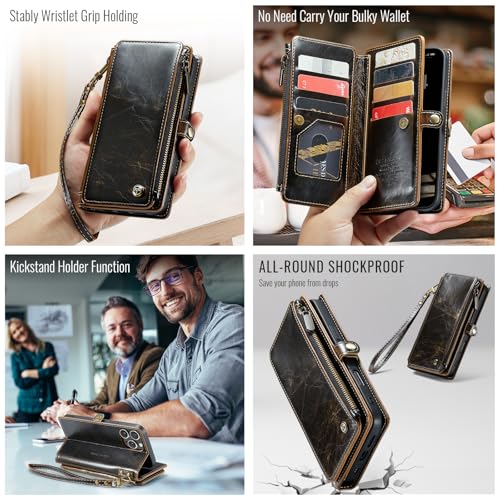 Defencase for iPhone 14 Pro Max Wallet Case with RFID Card Holder, Coffee | Durable Soft PU Leather, with Zipper Pocket, Wrist Strap, Fashion Snap Flip Phone Cases Cover with Stand for Women and Men - color: Coffee