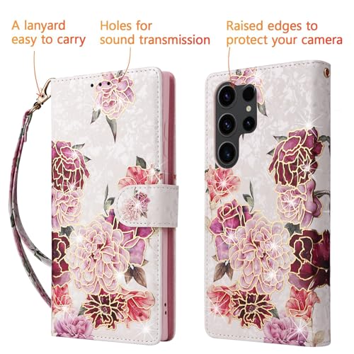 UEEBAI Wallet Case for Samsung Galaxy S23 Ultra 5G, PU Leather Phone Case Kickstand RFID Blocking Flip Case with Card Slots Wrist Strap Relief Engraved Magnetic Closure Folio Case - White Flower - color: White Flower, size: Samsung Galaxy S23 Ultra 5G