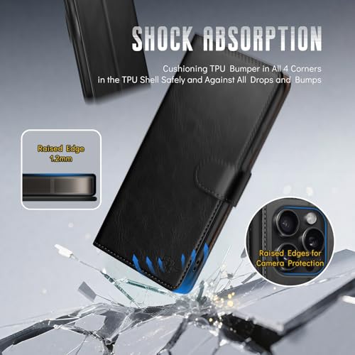 Wallet Case for iPhone 15 Pro Max 6.7", Black | RFID-Blocking Card Holder, Kickstand, Magnetic Closure, PU Leather Folio Flip Cover, Protective Women Men Cases - color: Black, size: iPhone 15 Pro Max