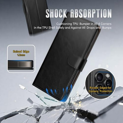 Wallet Case for iPhone 15 Pro 6.1", Black | RFID-Blocking Card Holder, Kickstand, Magnetic Closure, PU Leather Folio Flip Cover, Protective Women Men Cases - color: Black, size: iPhone 15 Pro