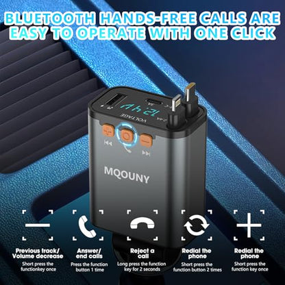 Retractable Car Charger,5 in 1 Fast Cars Phone Charger 60w,Bluetooth 5.3 FM Transmitter Adapter,Handsfree Call,MP3 Player,2 Retractable Cables and USB Chargers, for Phone,Galaxy,Pixel (Black) - color: Black