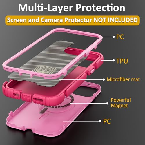 Follaroma for iPhone 13 Case, Heavy Duty Magnetic Cases, Pink, 6.1" | Compatible with MagSafe, Heavy Duty Shock proof,Military-Grade Anti-Drop Protective,Dual Layer Magnetic Protection Phone Case - color: Pink