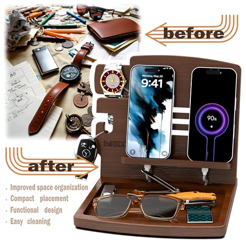 MED Wood Phone Docking Station Nightstand Desk Organizer for Phone, Watch, Wallet & Tablet Gift for Men, Husband, Father's Day, Dad & Women Model 1 (Dark Walnut) - color: Dark Walnut