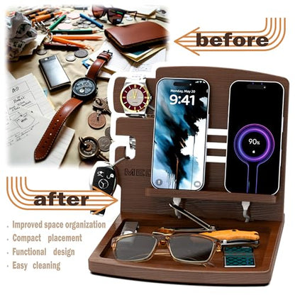 MED Wood Phone Docking Station Nightstand Desk Organizer for Phone, Watch, Wallet & Tablet Gift for Men, Husband, Father's Day, Dad & Women Model 1 (Dark Walnut) - color: Dark Walnut