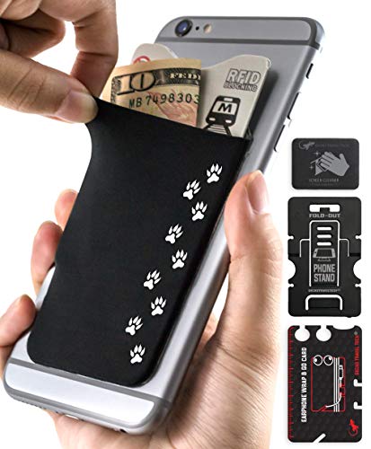 Phone Wallet - Adhesive Card Holder - Cell Phone Pouch - Stick on Lycra Pocket by Gecko - Carry Credit Cards and Cash - color: CAT PAW - BLACK