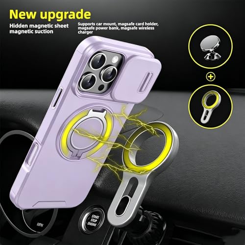 Rugged Shockproof Case for iPhone 17 Pro Max, Heavy Duty Protective Phone Case with Slide Camera Cover, 360° Rotatable Ring Stand & Magnetic Car Mount Compatible (Purple,iPhone 17 Pro Max) - color: Purple