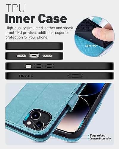 OCASE Compatible with iPhone 15 Wallet Case, PU Leather Flip Folio Case with Card Holders RFID Blocking Kickstand [Shockproof TPU Inner Shell] Phone Cover 6.1 Inch 2023, Mint Green - color: Mint Green