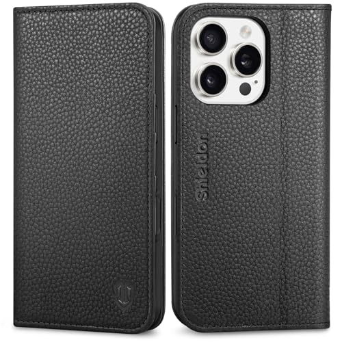 SHIELDON Genuine Leather Wallet Case for iPhone 16 Pro 6.3", Pebbled Black | Magnetic Closure, RFID Blocking, Credit Card Holder, Viewing Stand, Folio Design, Shockproof Protective Cover - color: Pebbled Black