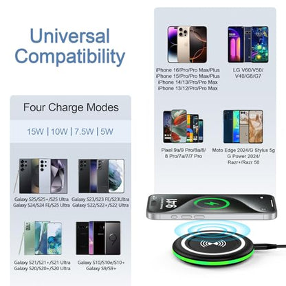 Samsung S26 Wireless Charger Fast Charging Pad for Samsung Galaxy S25 Ultra/S24/S23/S22/S21/S20/iPhone 17 Pro Max/2Pack 15W Wireless Phone Fast Charger Station for Motorola Edge 2024/Razr/G Power 2025