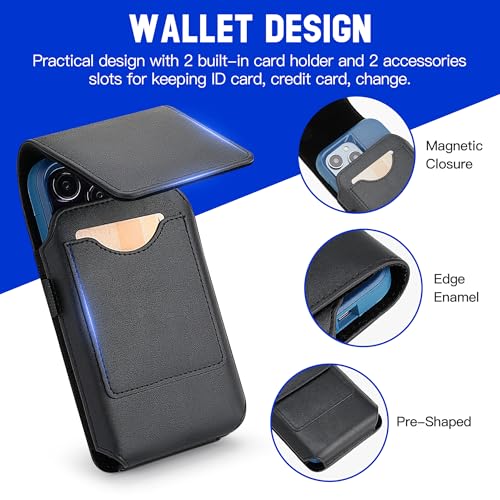 Mopaclle Vertical Cell Phone Holster with Belt Clip and Loop,Rugged Phone Belt Holder Compatible with iPhone 17 Pro iPhone 16, 15, 14 Pro, Galaxy S25, S24, S23 – Fits with Case On - color: 01 Leather- Black, size: M (6.29 x 2.9x 0.5 in)
