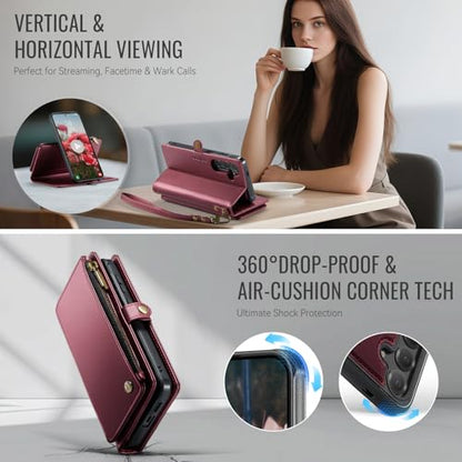 Defencase for Galaxy S25 Plus Case Wallet Compatible with Magsafe, Wine Red | Magnetic Detachable, RFID Bolcking Card Holder, Zipper Strap, PU Leather Drop-Proof Phone Cover for Samsung Galaxy S25+/Plus - color: (Detachable with Magsafe)-Wine Red
