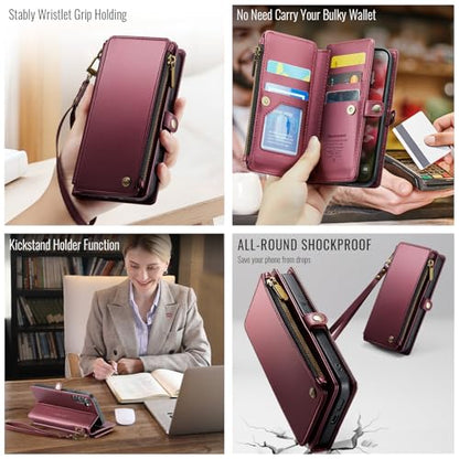 Defencase for Samsung Galaxy S24 Wallet Case with RFID Card Holder, WineRed | Durable Soft PU Leather, with Zipper Pocket, Wrist Strap, Fashion Snap Flip S24 Phone Cases Cover with Stand for Women Men - color: Wine Red