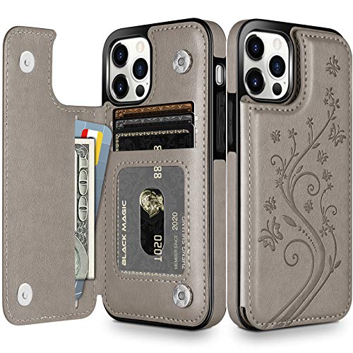 HianDier Wallet Case Compatible with iPhone 12 Pro MAX Case 5G 6.7-inch Slim Protective with Credit Card Slot Holder Flip Folio Soft PU Leather Magnetic Closure Cover, Butterfly Gray - color: Butterfly Gray