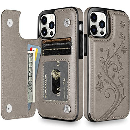 HianDier Wallet Case Compatible with iPhone 12 Pro MAX Case 5G 6.7-inch Slim Protective with Credit Card Slot Holder Flip Folio Soft PU Leather Magnetic Closure Cover, Butterfly Gray - color: Butterfly Gray