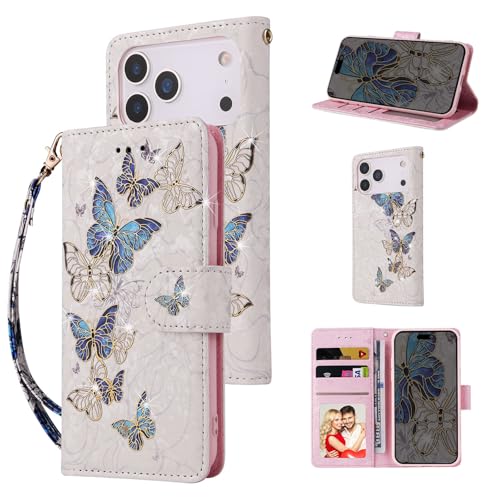 UEEBAI Wallet Case for iPhone 17 Pro Max, Leather Phone Cover Kickstand RFID Blocking Flip Case Card Slots Wrist Strap Relief Engraved Pattern Magnetic Closure Flower Folio Wallet, Blue Butterfly - color: Blue Butterfly, size: iPhone 17 Pro Max