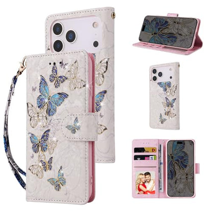 UEEBAI Wallet Case for iPhone 17 Pro Max, Leather Phone Cover Kickstand RFID Blocking Flip Case Card Slots Wrist Strap Relief Engraved Pattern Magnetic Closure Flower Folio Wallet, Blue Butterfly - color: Blue Butterfly, size: iPhone 17 Pro Max