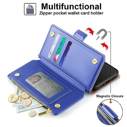 Antsturdy for iPhone 17 Pro Phone Wallet Case Women,Purple Blue | RFID Blocking,with Credit Card Holder Slots,PU Leather Purse,Zipper Pocket,Wrist Strap Kickstand,Flip Folio Cover for Men - color: Purple Blue