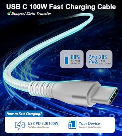 Multi Charging Cable for Apple Watch - 100W 10ft 4-in-1 Fast Charger with Lightning, USB C, Micro USB & Apple Watch Charger for iWatch, iPhone, MacBook Pro - White