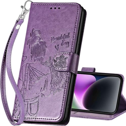 for iPhone 15 Plus Wallet case, Purple-Girl | 3 Card Holders, Kickstand, Shockproof TPU Shell, PU Leather, Magnetic Closure, Protective Flip Folio Cover, Women - color: 2