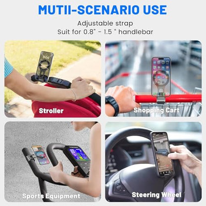 Magnetic Phone Holder for Car, Steering Wheel Phone Holder [Strong Magnet], for MagSafe, Adjustable Strap Compatible with Gym Equipment, Stroller, Shopping Cart, All Phone(Magnetic Ring Included)