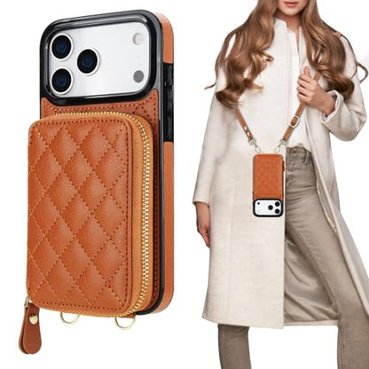 Bocasal Crossbody Wallet Case Card Holder for iPhone 17 Pro Max Brown | RFID Blocking PU Leather Zipper Handbag Purse, Kickstand Flip Folio Case with Card Slots Holder Wrist Strap Lanyard 6.9 Inch - color: Brown