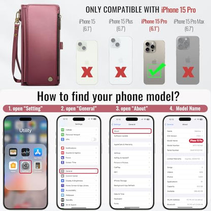 Defencase for iPhone 15 Pro Wallet Case with RFID Card Holder, Wine Red | Durable Soft PU Leather, with Zipper Pocket, Wrist Strap, Fashion Snap Flip Phone Cases Cover with Stand for Women and Men - color: Wine Red