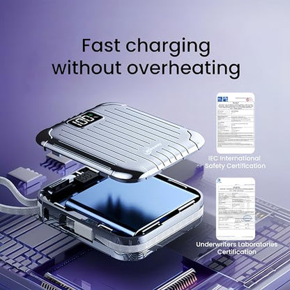 10000mAh Small 22.5W Power Bank with Built in Cable, 3A Fast Charging, 4 Outputs 2 Inputs, Mini Portable Charger for Samsung Google Pixel LG Moto iPhone iPad