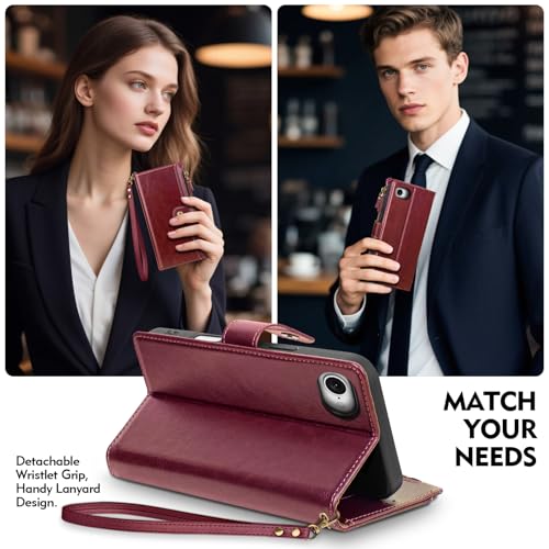 Compatible with iPhone 17e / 16e Wallet Case with Card Holder RFID Blocking Zipper Poket PU Leather Flip Phone Case with Wrist Strap Credit Card Slots Men Women,Wine Red - color: Wine Red