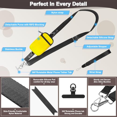 YFWE Clip and Go Strap for Phone With Wallet Crossbody (Detachable RFID Wallet) - Adjustable Phone Lanyard Crossbody with 360° Rotatable Tether Tabs for All Phones (Yellow) - color: 5-yellow
