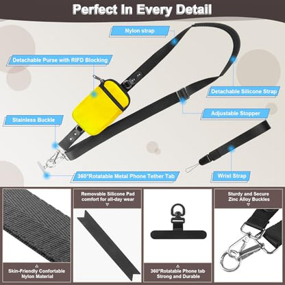 YFWE Clip and Go Strap for Phone With Wallet Crossbody (Detachable RFID Wallet) - Adjustable Phone Lanyard Crossbody with 360° Rotatable Tether Tabs for All Phones (Yellow) - color: 5-yellow
