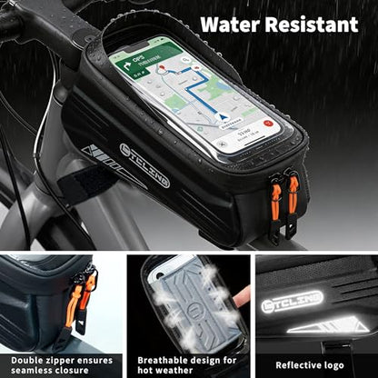 Bike Phone Bag with TPU Sensitive Touch, Waterproof Top Tube Bicycle Front Frame Bag, 1.9L Large Capacity EVA Hard Shell Mount Bike Phone Holder Bag Under 7", Handlebar Bag Bike Accessories