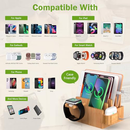 Bamboo Charging Station for Phone, Watch&Earbud with 5-Port HUB & 5 Cables - color: Dock Stand +Cables +Charger