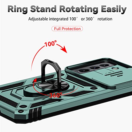 for Samsung Galaxy S22 Case with Camera Lens Cover Screen Protector, Dual Layer Military-Grade Drop Tested Magnetic Ring Holder Kickstand Protective Phone Case for Samsung Galaxy S22 5G (Dark Green) - color: Dark Green with camera cover Military-Grade