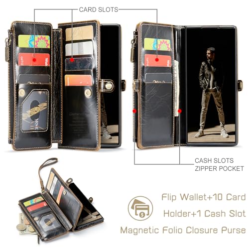 Defencase for Samsung Galaxy S25 Ultra Wallet Case with Card Holder, Coffee | with RFID Blocking Zipper Pocket, Durable PU Leather, Wrist Strap, S25 Ultra Flip Phone Cases Cover with Stand for Women Men - color: Coffee