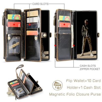 Defencase for Samsung Galaxy S25 Ultra Wallet Case with Card Holder, Coffee | with RFID Blocking Zipper Pocket, Durable PU Leather, Wrist Strap, S25 Ultra Flip Phone Cases Cover with Stand for Women Men - color: Coffee