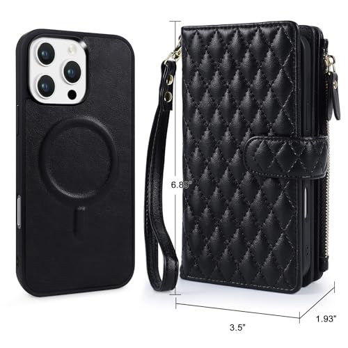 for iPhone 16e/17e Case Wallet,Compatible with MagSafe Magnetic 2 in 1 Magnetic Detachable PU Leather RFID Blocking Wallet Cover Card Holder Zipper Wrist Strap Lanyard,Quilted Black - color: Quilted Black
