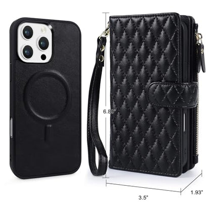 for iPhone 16e/17e Case Wallet,Compatible with MagSafe Magnetic 2 in 1 Magnetic Detachable PU Leather RFID Blocking Wallet Cover Card Holder Zipper Wrist Strap Lanyard,Quilted Black - color: Quilted Black